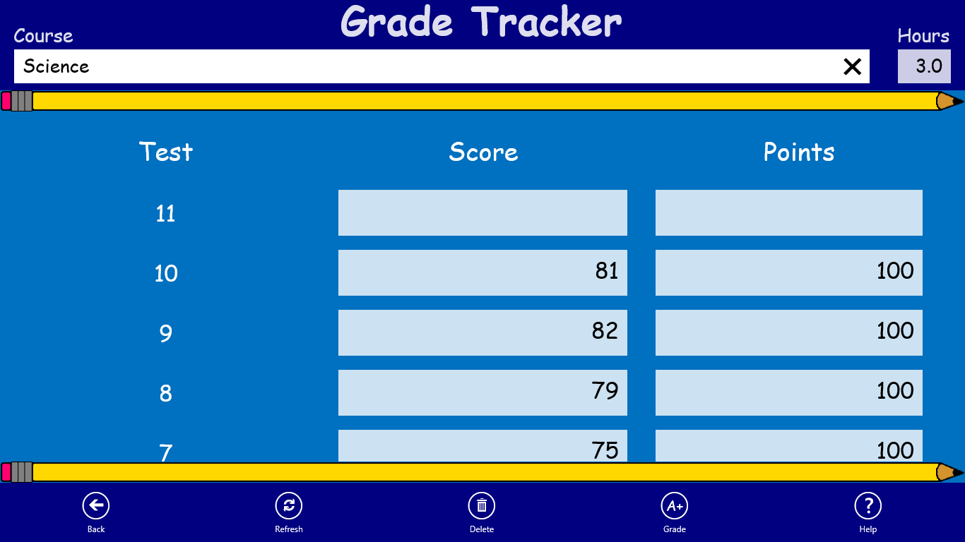 Quickly enter the name of your class along with your test and quiz scores – landscape orientation.