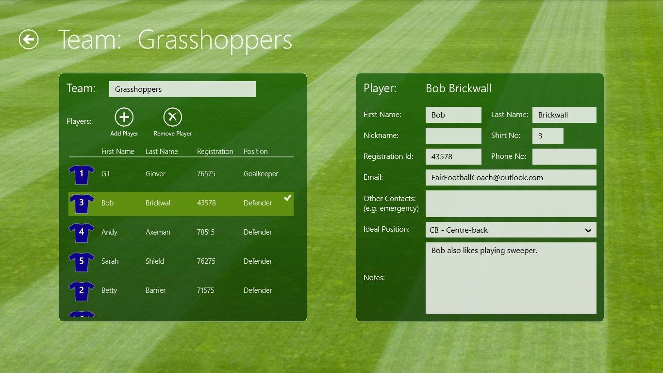 Manage player details. Import data from contacts or data files to save time.